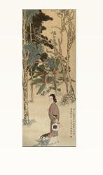 vrouw, inkt en kleur op papier, hangende rol - China - 20e