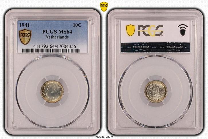 Koningin Wilhelmina 10 cent 1941 MS64 PCGS gecertificeerd, Postzegels en Munten, Munten | Nederland, Losse munt, 10 cent, Koningin Wilhelmina