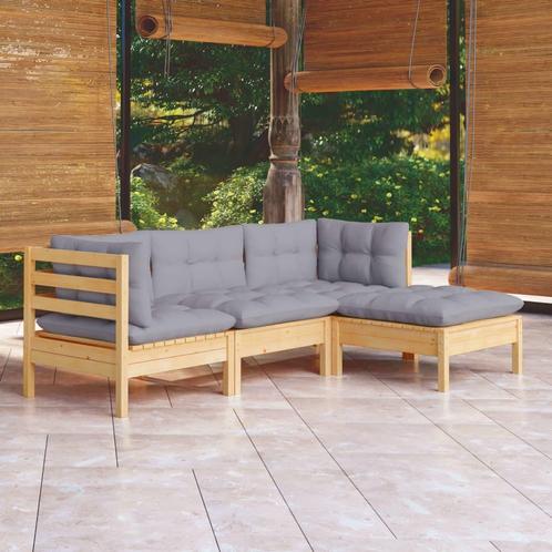 vidaXL 4-delige Loungeset met grijze kussens grenenhout, Tuin en Terras, Tuinsets en Loungesets, Loungeset, Nieuw, 4 zitplaatsen