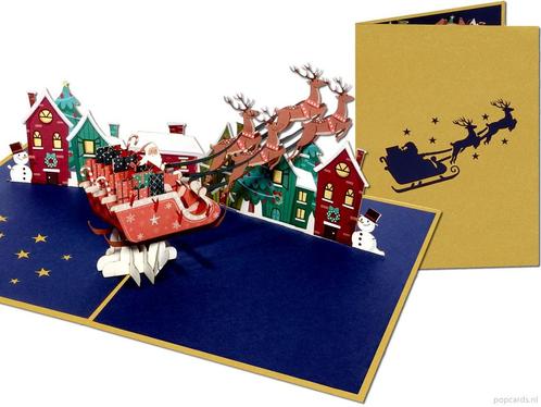 Chique Gouden 3D Pop-up Kerstkaart Kerstman met slee en r..., Diversen, Wenskaarten, Verzenden