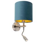 Wandlamp staal met leeslamp en kap velours 20/20/20 blauw, Nieuw, Overige materialen, Modern