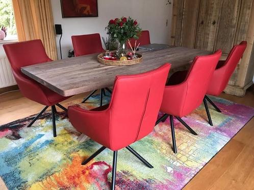 Set van 6 leren eetkamerstoelen - draaibaar - rood leer - Ec, Huis en Inrichting, Stoelen, Vijf, Zes of meer stoelen, Overige kleuren