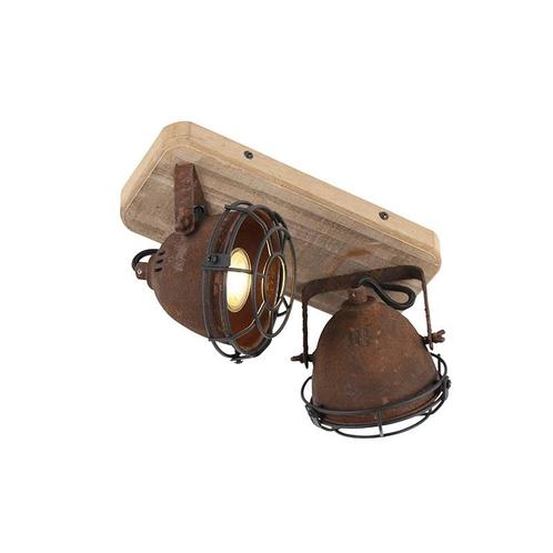 Industriële spot roestbruin met hout kantelbaar 2-lichts -, Huis en Inrichting, Lampen | Spots