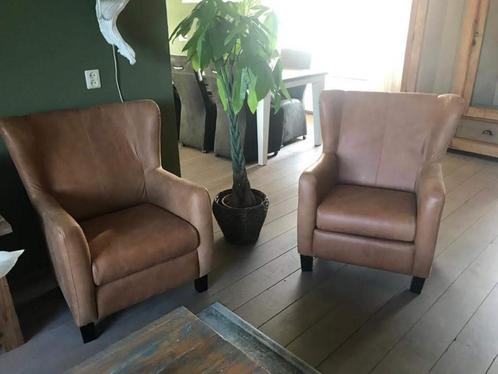 leren oorfauteuils met houten poten - bruin leer - Echt lee, Huis en Inrichting, Fauteuils, 75 tot 100 cm, 75 tot 100 cm, Nieuw