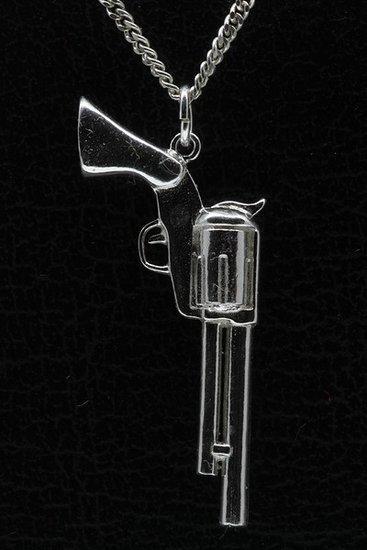 Zilveren Revolver ketting hanger - groot, Sieraden, Tassen en Uiterlijk, Kettinghangers, Verzenden