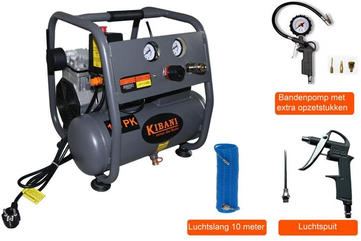 Kibani Super Stille Compressor 6 Liter + Luchtslang +, Tuin en Terras, Hand-tuingereedschap, Nieuw