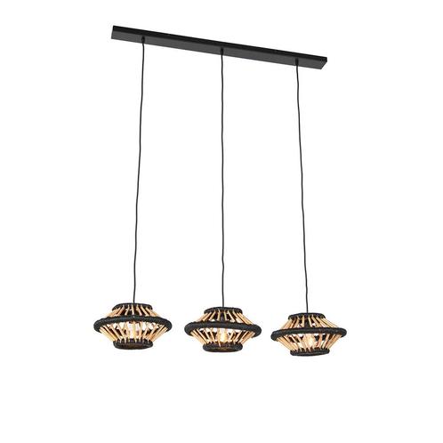 Oosterse hanglamp bamboe met zwart langwerpig 3-lichts -, Huis en Inrichting, Lampen | Hanglampen, Nieuw, 75 cm of meer