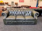 Vintage Groen Leren Chesterfield 3-Zitsbank, Huis en Inrichting, Ophalen, Gebruikt, CHESTERFIELD, Driepersoons