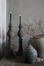 Houten kandelaar dinerkaars Maya grey/brown wash 43 cm, Huis en Inrichting, Woonaccessoires | Kandelaars en Kaarsen, Ophalen of Verzenden