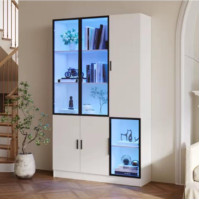 Hoge Vitrinekast 120×35×200 cm met Glazen Deuren en LED, Huis en Inrichting, Kasten | Vitrinekasten, Nieuw, Verzenden