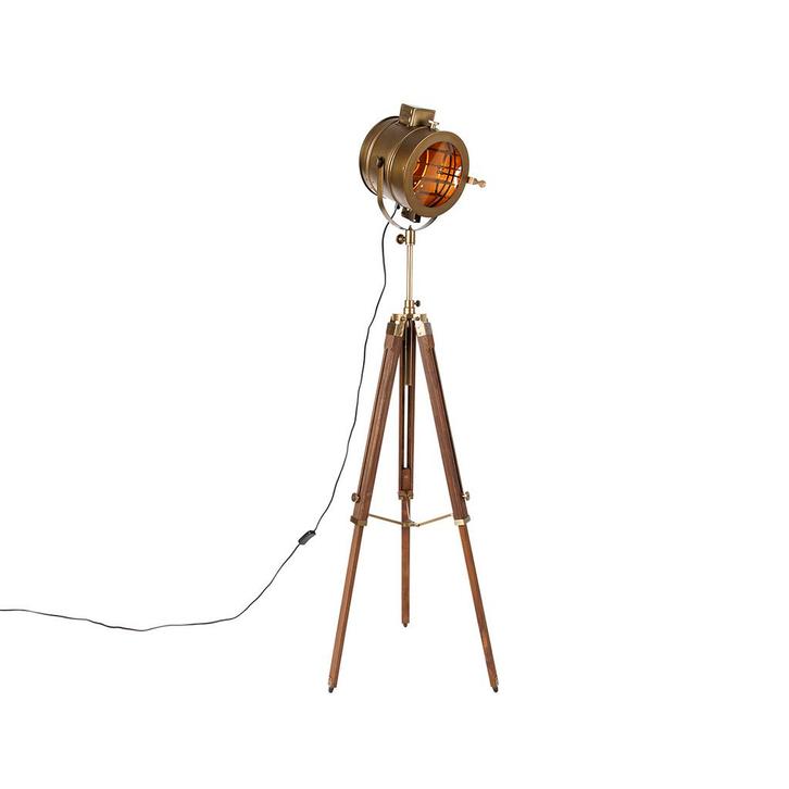 Tripod vloerlamp brons met hout studiospot - Radient, Huis en Inrichting, Lampen | Vloerlampen, Nieuw, Hout, Verzenden