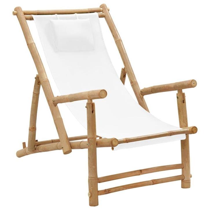 Cremewitte Bamboe Terrasstoel | Tweedekansje | Max. comfort, Tuin en Terras, Tuinstoelen, Nieuw, Hout, Ophalen of Verzenden