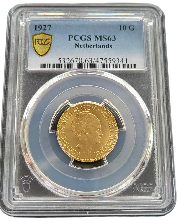 Gouden Wilhelmina 10 gulden 1927 MS63 PCGS gecertificeerd, Postzegels en Munten, Munten | Nederland, Losse munt, 10 gulden, Koningin Wilhelmina