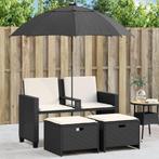 vidaXL Tuinbank 2-zits met parasol en voetenbanken poly, Tuin en Terras, Verzenden, Nieuw, Rotan