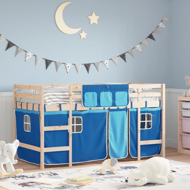 vidaXL Kinderhoogslaper met gordijnen 80x200 cm grenenhout, Huis en Inrichting, Slaapkamer | Bedden, 80 cm, 200 cm, Blauw, Eenpersoons
