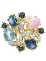 Zonder Minimumprijs - Ring - 9 kt. Geel goud, Zilver Saffier, Sieraden, Tassen en Uiterlijk, Ringen, Nieuw