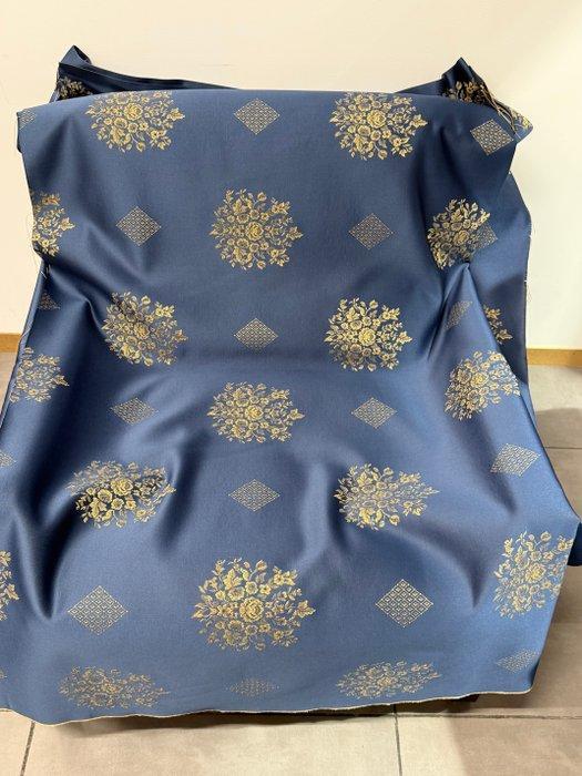 Eleganza Notturna: Blauw jacquardweefsel met gouden rozetten, Antiek en Kunst, Antiek | Kleden en Textiel