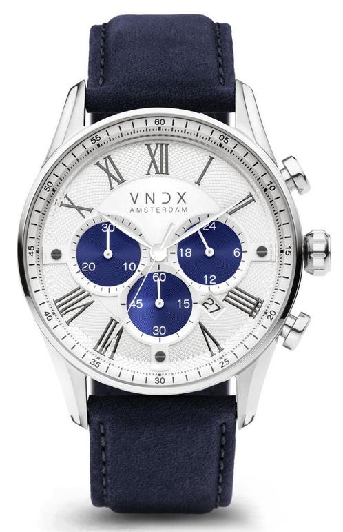 VNDX The Chief Leather White Two-Tone Blue LS33056-T3 BL, Sieraden, Tassen en Uiterlijk, Horloges | Heren, Leer, Nieuw, Staal
