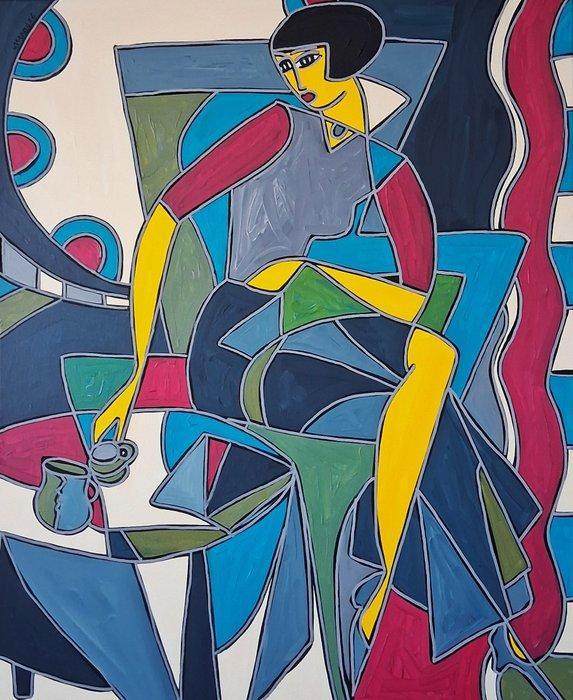 Patricia Kleyman - Mademoiselle prend un café crème au Café, Antiek en Kunst, Kunst | Designobjecten