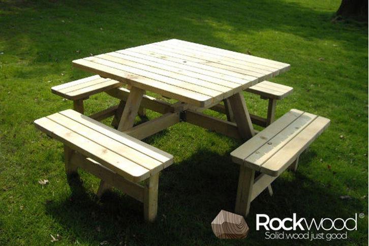 Rockwood® Picknicktafel Vierkant 1.15m    met 3, Tuin en Terras, Picknicktafels, Nieuw, Hout, Vierkant, Ophalen of Verzenden