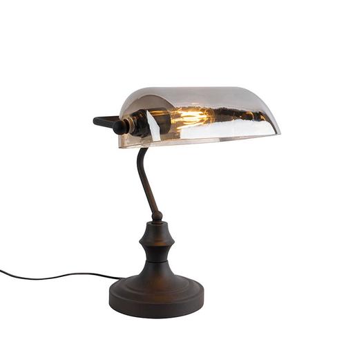Klassieke notarislamp zwart met gerookt spiegel glas -, Huis en Inrichting, Lampen | Tafellampen, Nieuw, Glas, Minder dan 50 cm