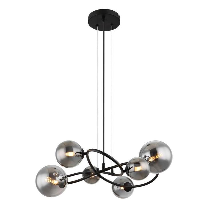 Hanglamp RIHA 62.2 cm 6-lichts Zwart, Smoked, Huis en Inrichting, Lampen | Hanglampen, Nieuw, Metaal, 75 cm of meer, Ophalen of Verzenden