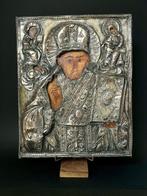 Icoon - Hout, verzilverd verguld koperen - Saint Nicolas de, Antiek en Kunst