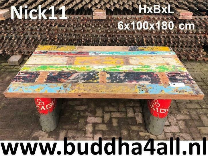 Tafelblad van gerecycled hout - blank en gekleurd teakhout, Antiek en Kunst, Antiek | Meubels | Tafels, Ophalen of Verzenden
