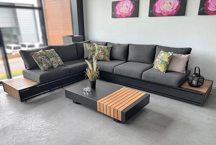 Santorini Loungeset Hoekbank Lage Tafel Aluminium Teak Black, Tuin en Terras, Tuinsets en Loungesets, Bank, Bijzettafel, 7 zitplaatsen