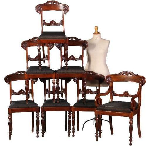 Stel van 6 eetkamerstoelen + 1 armstoel  ca 1835 incl bekl, Antiek en Kunst, Antiek | Meubels | Stoelen en Banken, Ophalen of Verzenden