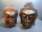 Twee houten Boeddha hoofden - Beeld - Azië (Zonder, Antiek en Kunst
