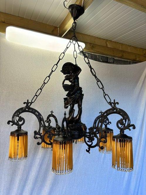 Lamp - Elegantie in Licht – Art Nouveau Kroonluchter met, Antiek en Kunst, Curiosa en Brocante