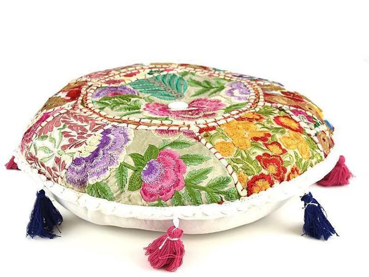 Ronde sier kussens patchwork kleurrijk vloerkussens India, Huis en Inrichting, Woonaccessoires | Kussens, Rond, Overige kleuren