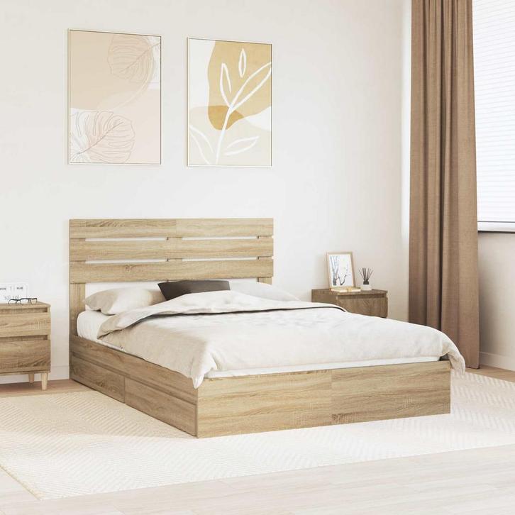 vidaXL Opslag bed met lade Sonoma Eiken 150 x 200 cm Bewerkt, Huis en Inrichting, Slaapkamer | Bedden, Bruin, Nieuw, Hout, Verzenden