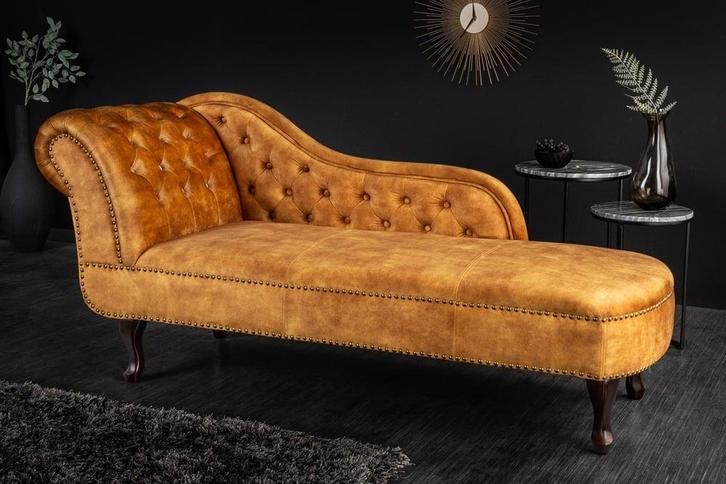 Design chaise longue CHESTERFIELD 170cm mosterdgeel fluwelen, Huis en Inrichting, Banken | Bankstellen, Ophalen of Verzenden