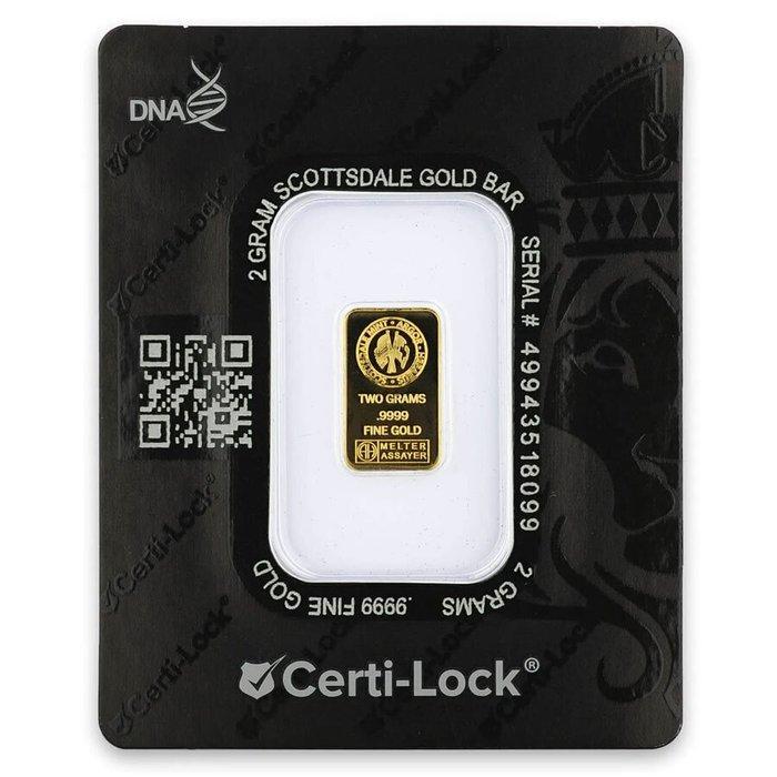 2 gram - Goud - 9999 Fine Gold Bar Scottsdale (In Assay) -, Postzegels en Munten, Edelmetalen en Baren