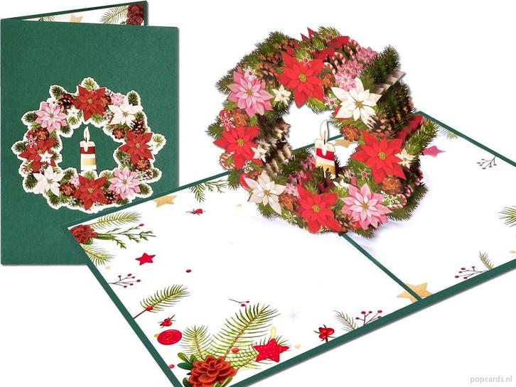 Kerstkrans kerststerren &amp; kaars Kerstkaart Pop-up kaart, Diversen, Wenskaarten, Verzenden