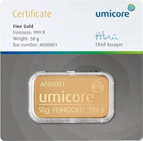 50 gram - Goud .999 - Umicore - Verzegeld en met certificaat, Postzegels en Munten, Edelmetalen en Baren