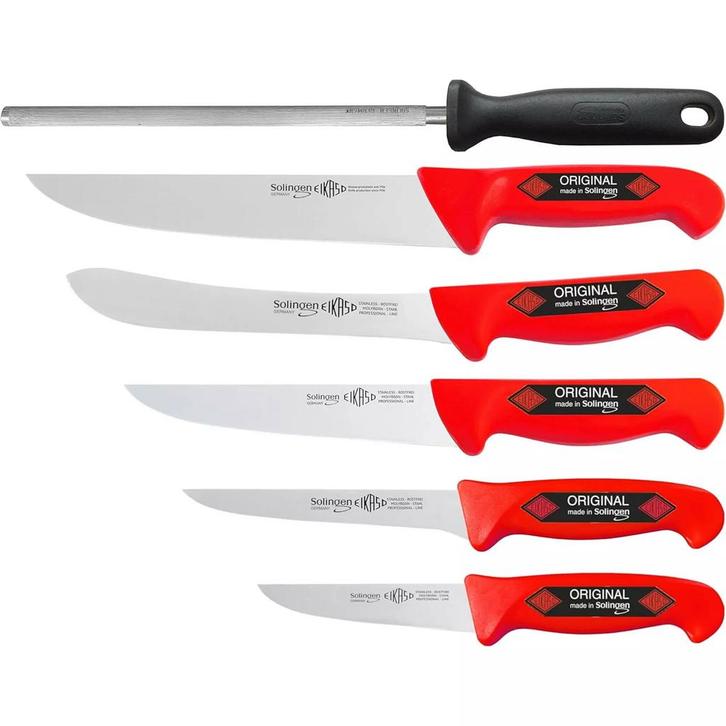 Eikaso Solingen Slagersmessenset – 6-delig – Rood Handva, Huis en Inrichting, Keuken | Bestek, Bestekset, Nieuw, Overige materialen