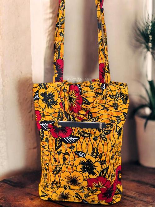 Shopper tas met Afrikaanse print - Gele Flowers - Herbruikba, Hobby en Vrije tijd, Stoffen en Lappen, Nieuw, Ophalen of Verzenden