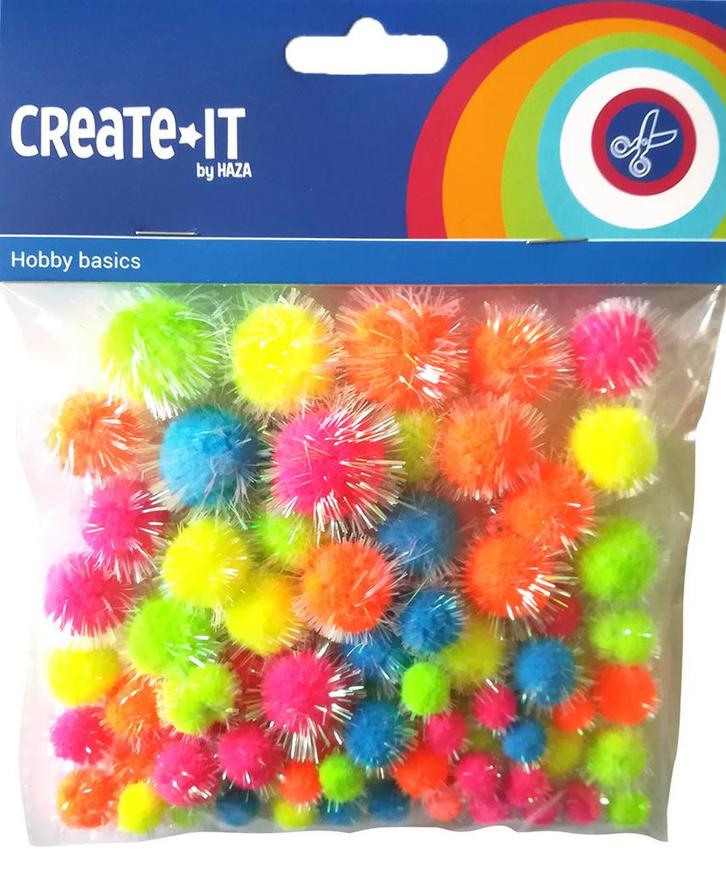Pompoms Glitter Neon Mix 75st, Hobby en Vrije tijd, Feestartikelen, Nieuw, Verzenden