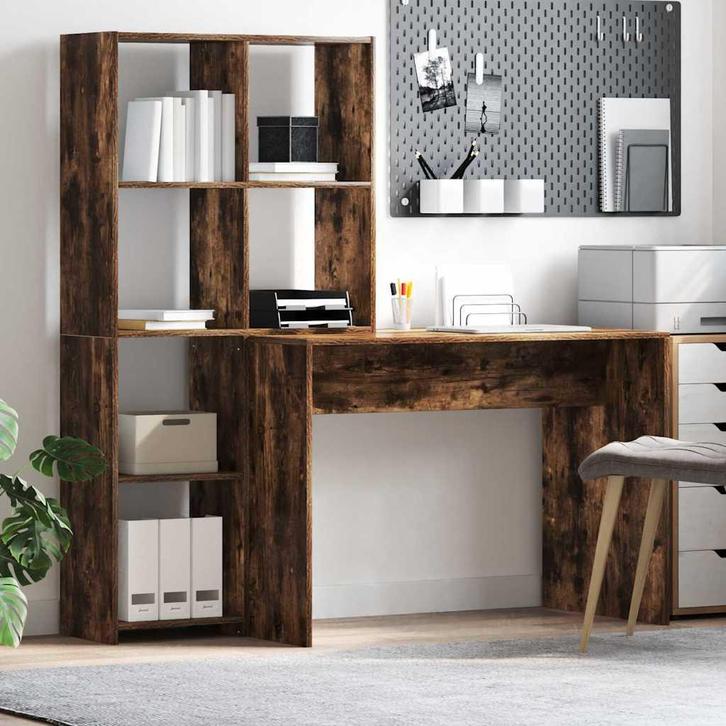 vidaXL Bureau met plank Gerookt eiken 138,5 x 55 x 143 cm, Huis en Inrichting, Bureaus, Nieuw, Verzenden