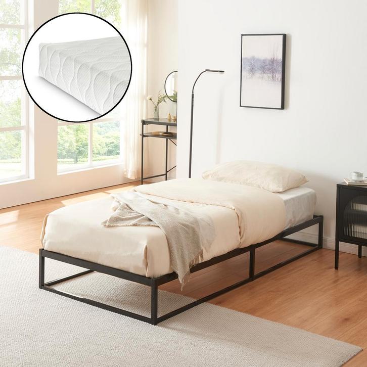 Metalen bedframe 90x200 cm met bedbodem en matras zwart [en., Huis en Inrichting, Slaapkamer | Bedden, Verzenden