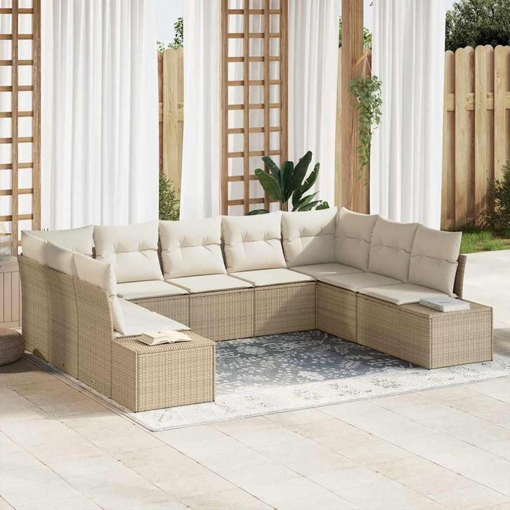 vidaXL Tuin Sofa Set met kussen 9 pcs Beige Poly riet, Tuin en Terras, Tuinsets en Loungesets, Nieuw, Rotan, Verzenden
