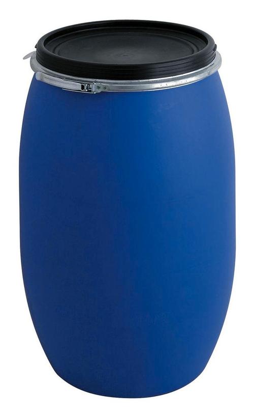 Kunststof vat 220 liter blauw met zwart klemdeksel, Huis en Inrichting, Woonaccessoires | Prullenbakken, Nieuw, 40 liter of meer