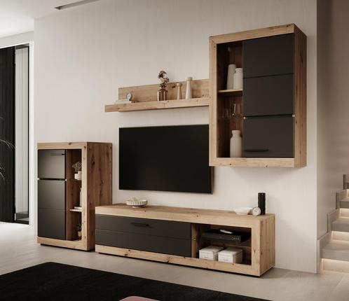 Meubella | Wandmeubel set van 4 | Eiken Zwart | TV-Meubel, Huis en Inrichting, Kasten | Wandmeubels, 25 tot 50 cm, Nieuw, 150 tot 200 cm
