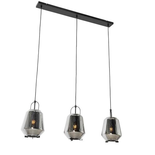 Hanglamp zwart met smoke glas 23 cm langwerpig 3-lichts -, Huis en Inrichting, Lampen | Hanglampen, Nieuw, Glas, 75 cm of meer