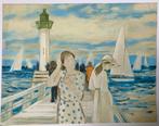 Yves Ganne (1931-2019) - Marine - la jetée - demoiselles au, Antiek en Kunst