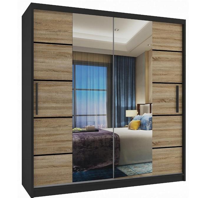 Kledingkast zwart licht eiken 158 cm breed met spiegel en..., Huis en Inrichting, Kasten | Kledingkasten, 50 tot 75 cm, Met lade(s)