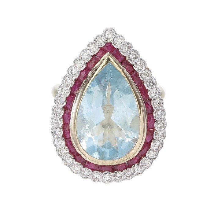 Ring - 14 karaat Geel goud - 8.57ct. tw. Gemengde edelstenen, Sieraden, Tassen en Uiterlijk, Ringen